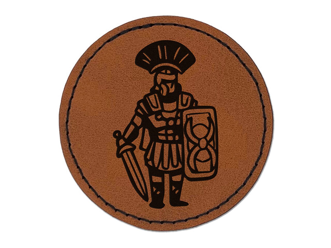 Roman Soldier Centurion Sword Shield Round Iron-On Engraved Faux Leather Patch Applique - 2.5"